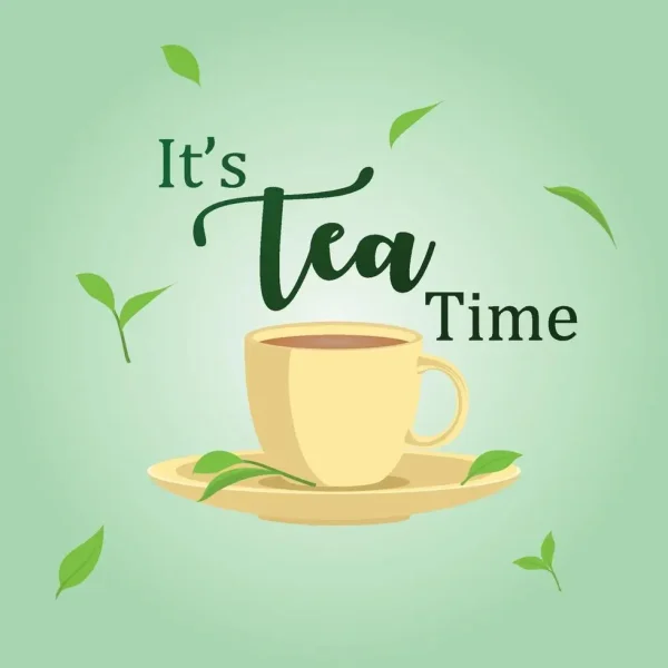 its-tea-time-with-tea-cup-and-leaf-premium-illustration-vector